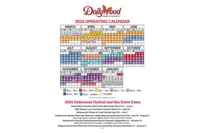 Dollywood 2026 Calendar and Operating Schedule