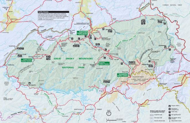 Great Smoky Mountains National Park Map with Trails, Drives, and Picnic Spots