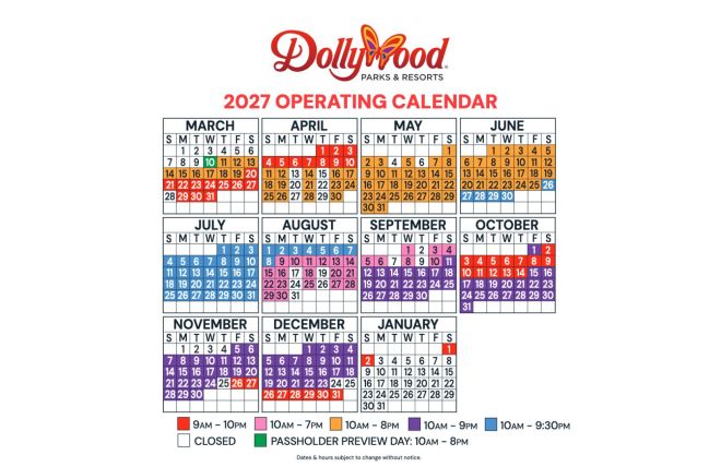 Dollywood 2027 Calendar and Operating Schedule